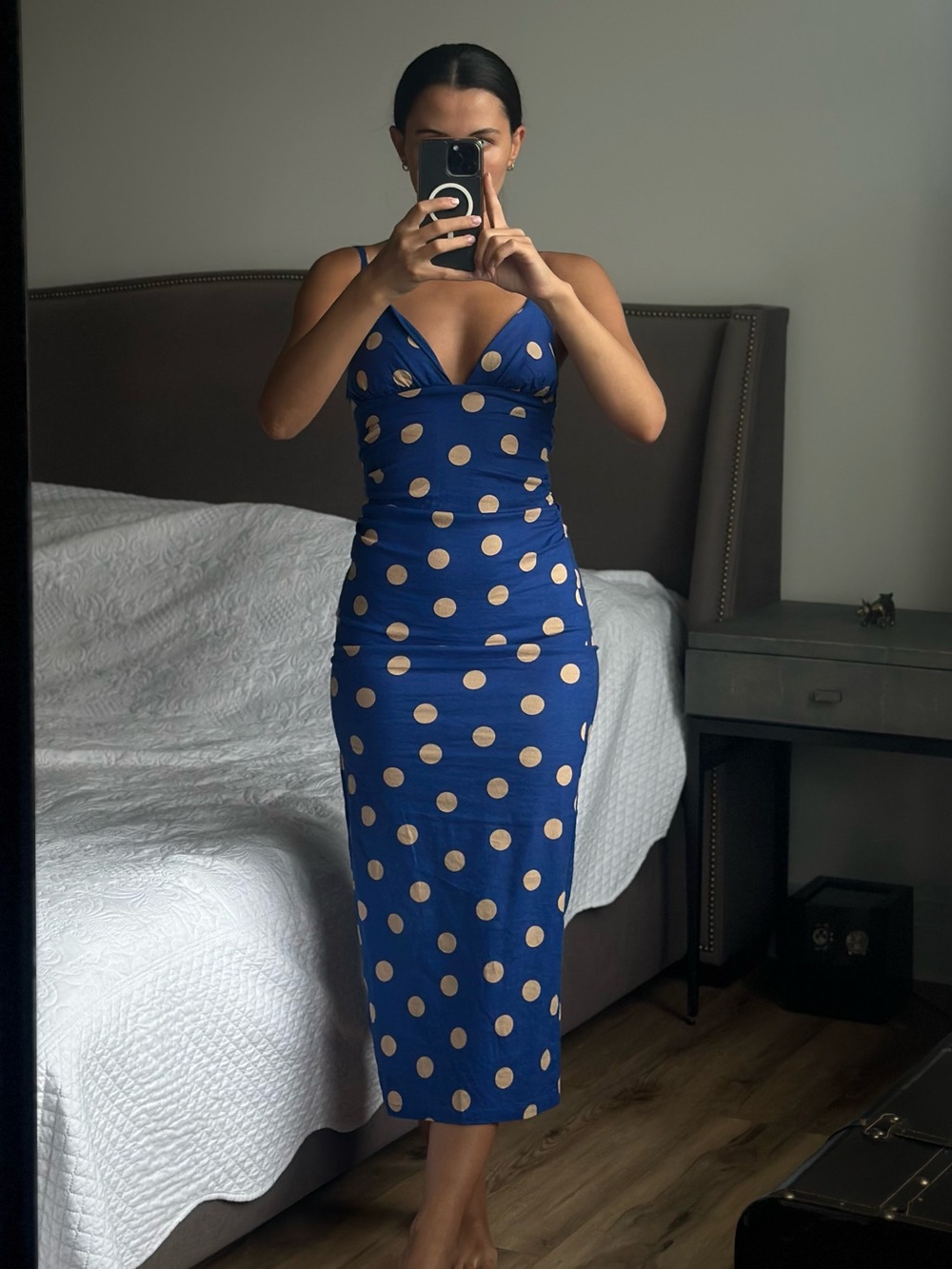 Zara Blue Polka Dot Midi Dress - Sleek Spaghetti Strap Dress